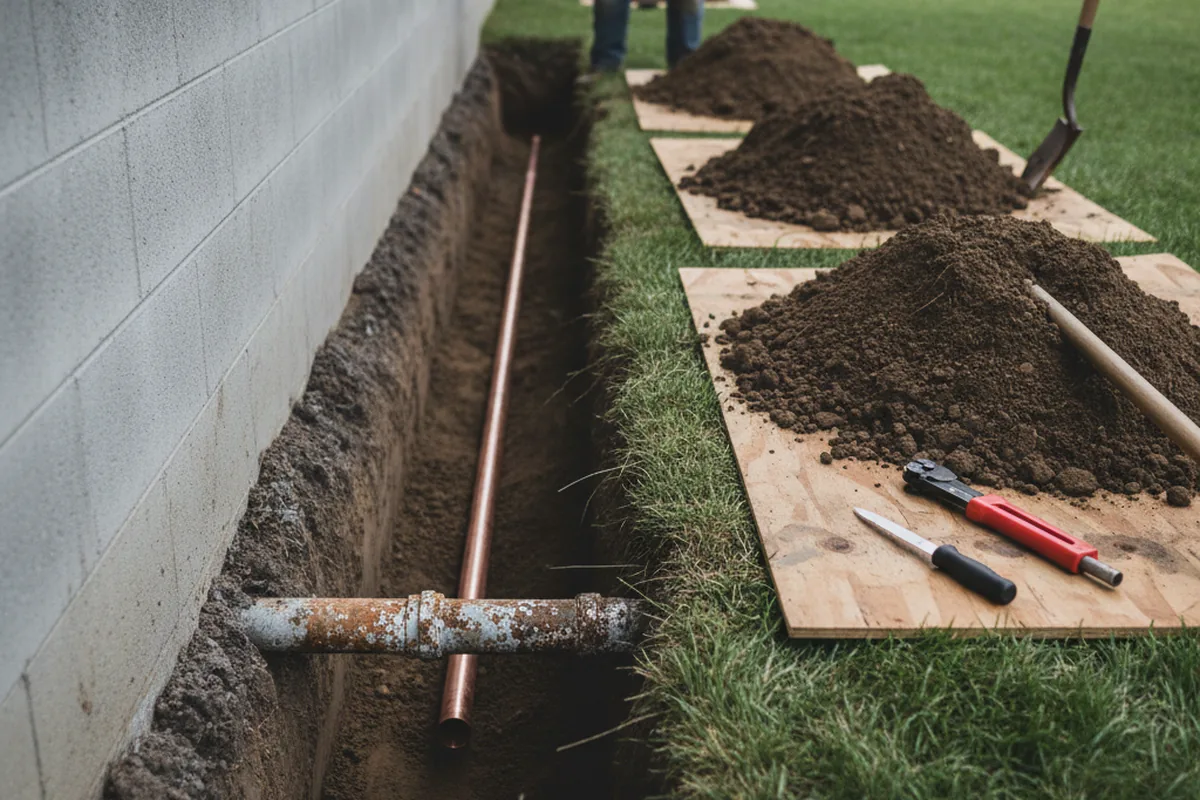 Excavated water line trench during Sewer Line Repair in Wilkeson
